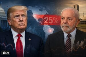 Montagem editorial ilustrativa gerada por IA mostra os presidentes dos Estados Unidos e do Brasil em cenário alusivo a tarifa comercial.