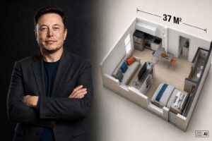 Montagem ilustrativa editorial gerada por IA mostra Elon Musk à esquerda e, à direita, a planta de uma casa compacta de 37 m², baseada em registro real e otimizada por inteligência artificial.