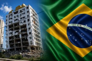 Imagem gerada por IA mostra prédio danificado e bandeira do Brasil em composição visual sobre brasileiros vítimas dos terremotos na Venezuela.