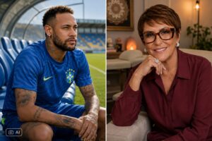 Montagem fotográfica ultrarrealista gerada por IA mostra Neymar em ambiente de treino à esquerda e Márcia Sensitiva à direita, em composição editorial para contextualizar notícia.
