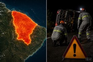 Montagem fotográfica ilustrativa gerada por IA mostra, à esquerda, o mapa do Ceará em vista aérea e, à direita, bombeiros atuando em cena de acidente noturno.