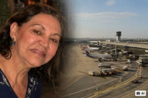 Montagem fotográfica mista mostra, à esquerda, reprodução de imagem de mulher obtida em redes sociais e otimizada por inteligência artificial, e, à direita, vista semiaérea ilustrativa do Aeroporto de Congonhas gerada por IA.