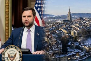 Montagem fotográfica ultrarrealista gerada por IA mostra o vice-presidente dos Estados Unidos, JD Vance, em pronunciamento oficial, ao lado de uma vista semiaérea da região central de Berna, capital da Suíça.