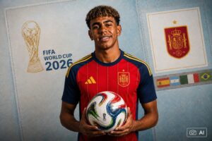 Montagem fotográfica editorial realista gerada por IA mostra Lamine Yamal com uma bola alusiva à Copa do Mundo nas mãos, diante de um fundo inspirado em álbum de figurinhas.