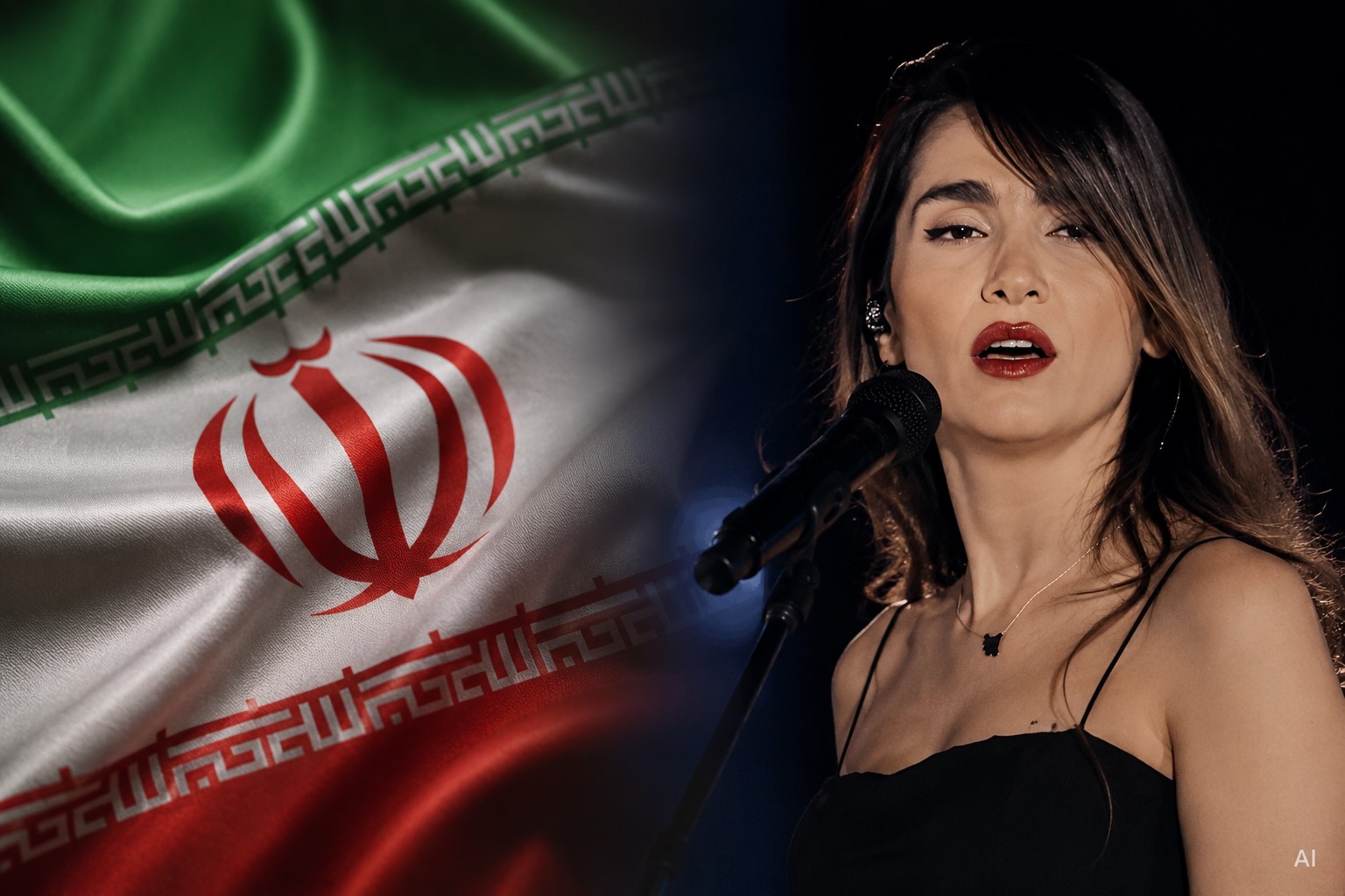 Montagem editorial realista gerada por IA mostra, à direita, a cantora iraniana Parastoo Ahmadi em apresentação no palco e, à esquerda, a bandeira do Irã em destaque.