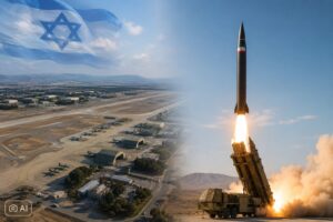 Montagem fotográfica editorial ultrarrealista gerada por IA mostra o lançamento de um míssil balístico iraniano à direita e uma base aérea militar de Israel à esquerda, com bandeira israelense projetada no céu.