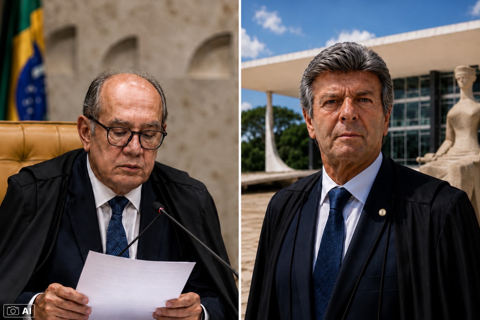 Montagem fotográfica ultrarrealista mostra o ministro Gilmar Mendes à esquerda e o ministro Luiz Fux à direita, em composição editorial sobre o STF.