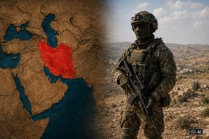 Montagem fotográfica ultrarrealista gerada por IA mostra mapa do Oriente Médio com destaque para o Irã à esquerda e soldado das FDI em cenário árido à direita.
