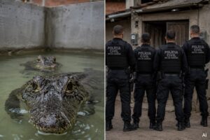 Montagem fotográfica ultrarrealista gerada por IA representa jacarés em criadouro clandestino e agentes da Polícia Civil em frente a uma residência no Rio de Janeiro.