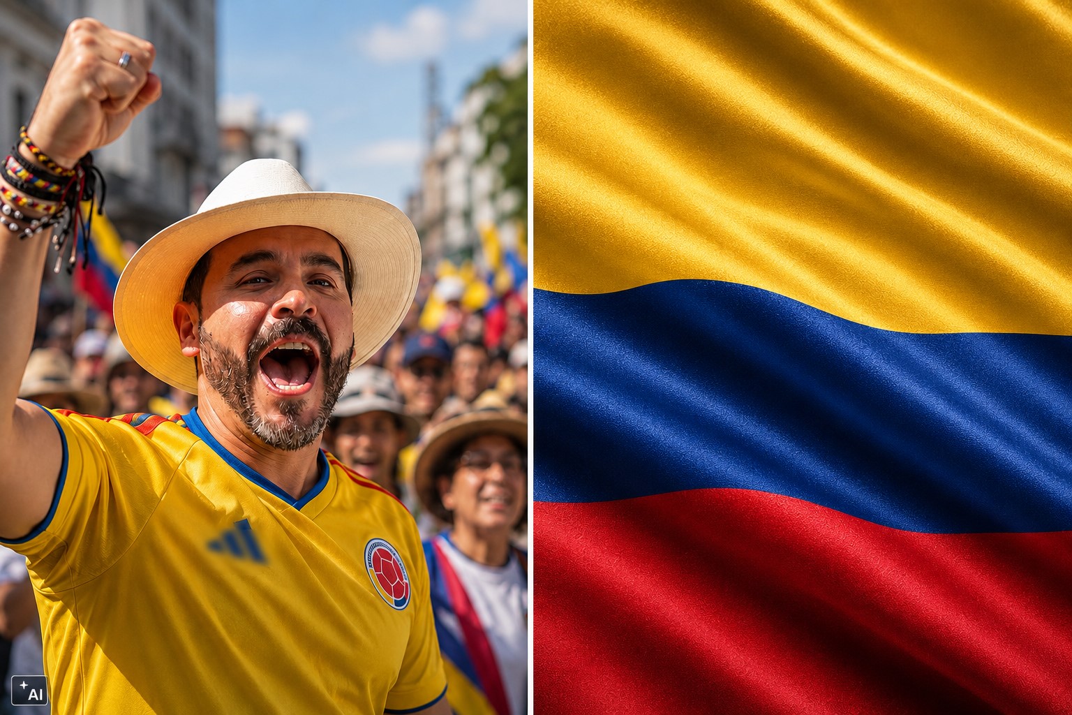 Montagem fotográfica ultrarrealista mostra, à esquerda, uma representação do candidato vencedor na Colômbia em clima de comemoração popular e, à direita, a bandeira colombiana.
