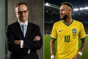 Montagem fotográfica ultrarrealista gerada por IA mostra Joachim Klement à esquerda e Neymar à direita, em ambiente de gramado, para contextualizar notícia esportiva.