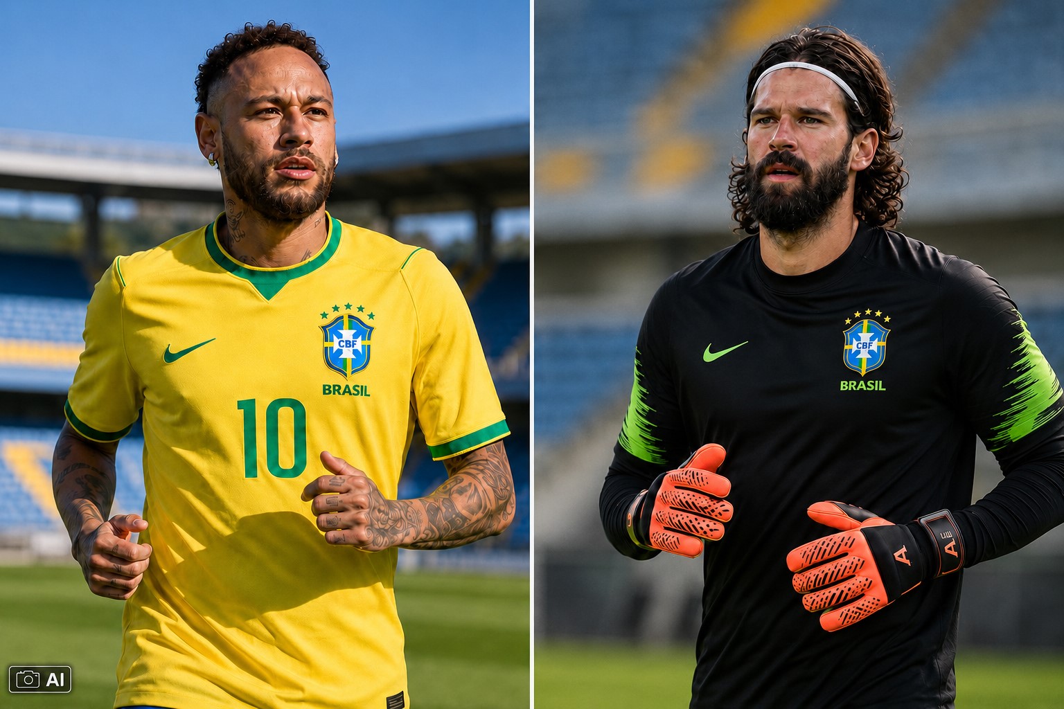 Montagem fotográfica ultrarrealista mostra Neymar à esquerda e o goleiro Alisson à direita, ambos em ambiente de estádio, em contexto de treino da Seleção Brasileira.