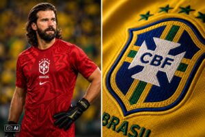 Montagem fotográfica gerada por IA mostra, à esquerda, um goleiro em uniforme vermelho da Seleção Brasileira e, à direita, um close do escudo da CBF em camisa amarela.