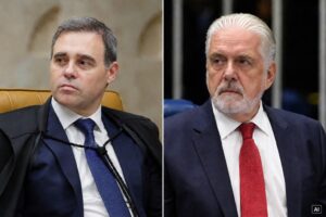 Montagem fotográfica ultrarrealista gerada por IA representa André Mendonça, do STF, à esquerda, e Jaques Wagner, líder do PT no Senado, à direita.