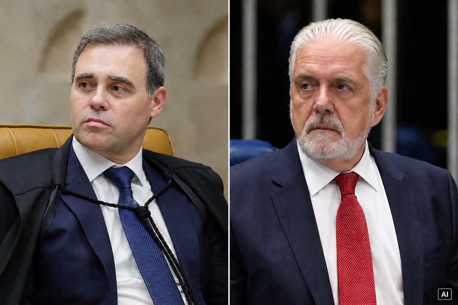 Montagem fotográfica ultrarrealista gerada por IA representa André Mendonça, do STF, à esquerda, e Jaques Wagner, líder do PT no Senado, à direita.