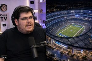 Montagem fotográfica ultrarrealista gerada por IA mostra Casimiro em ambiente de streaming à esquerda e um estádio de futebol dos Estados Unidos à direita.