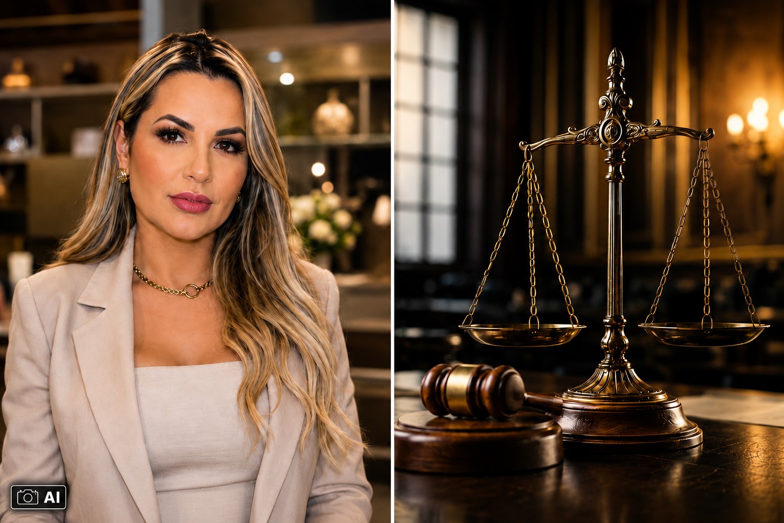 Montagem fotográfica ultrarrealista gerada por IA representa Deolane Bezerra à esquerda e símbolos alusivos à Justiça e ao Direito à direita.