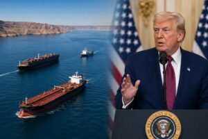 Montagem fotográfica ultrarrealista mostra o Estreito de Ormuz à esquerda, com navios em rota marítima, e o presidente dos Estados Unidos, Donald Trump, discursando à direita.