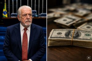 Montagem fotográfica ultrarrealista gerada por IA representa Jaques Wagner, líder do PT no Senado, ao lado de imagem alusiva a dólares apreendidos.