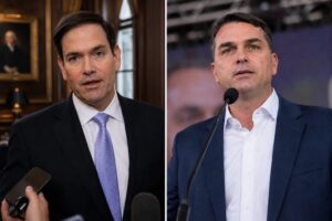 Montagem fotográfica ultrarrealista gerada por IA mostra Marco Rubio à esquerda, em ambiente interno alusivo à Casa Branca, e Flávio Bolsonaro à direita, em cenário de pré-campanha.