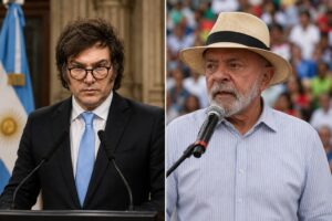 Montagem fotográfica ultrarrealista gerada por IA mostra Javier Milei na Casa Rosada à esquerda e Lula em discurso político à direita.
