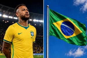 Montagem fotográfica ultrarrealista gerada por IA mostra Neymar em momento alusivo ao canto do Hino Nacional, ao lado da bandeira do Brasil hasteada.