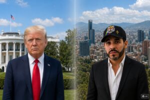 Montagem fotográfica gerada por IA mostra Donald Trump ao lado de Abelardo “El Tigre”, com a Casa Branca e a cidade de Bogotá ao fundo.