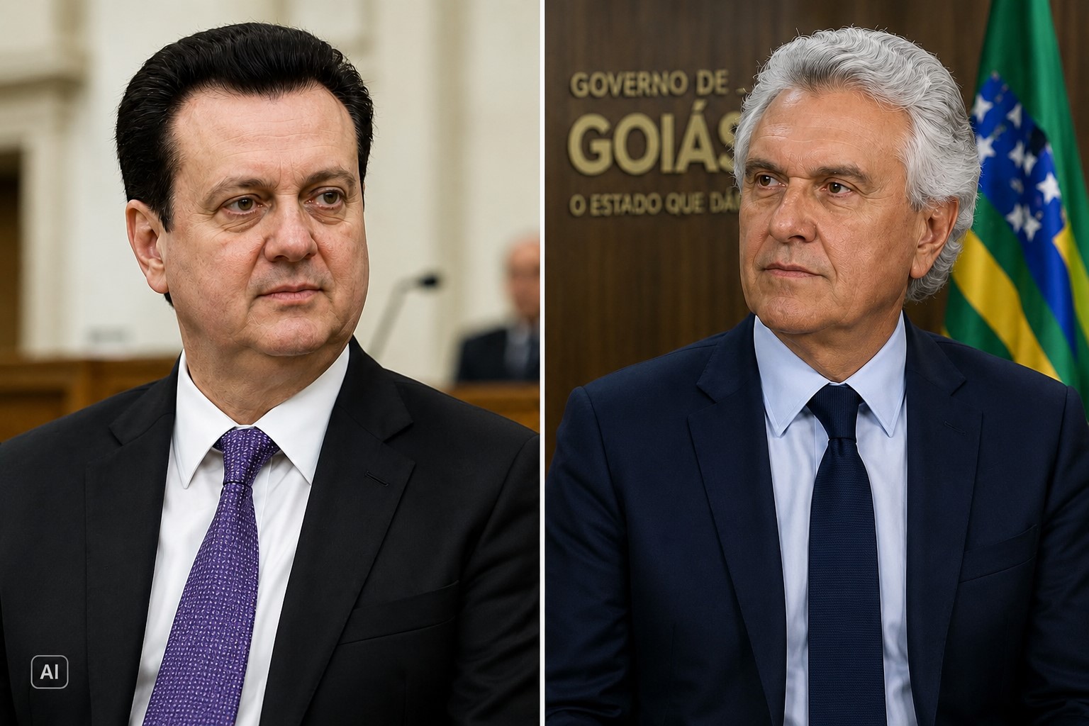 Montagem fotográfica ultrarrealista gerada por IA mostra Gilberto Kassab à esquerda e Ronaldo Caiado à direita, em ambientes distintos, para contextualizar notícia política.