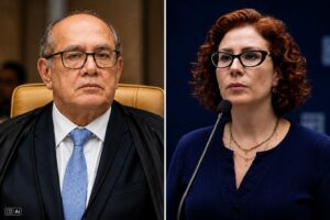 Montagem fotográfica ultra-realista gerada por IA mostra Gilmar Mendes à esquerda e Carla Zambelli à direita, separados por uma linha branca, em composição visual usada para contextualizar notícia sobre pedido de extradição.