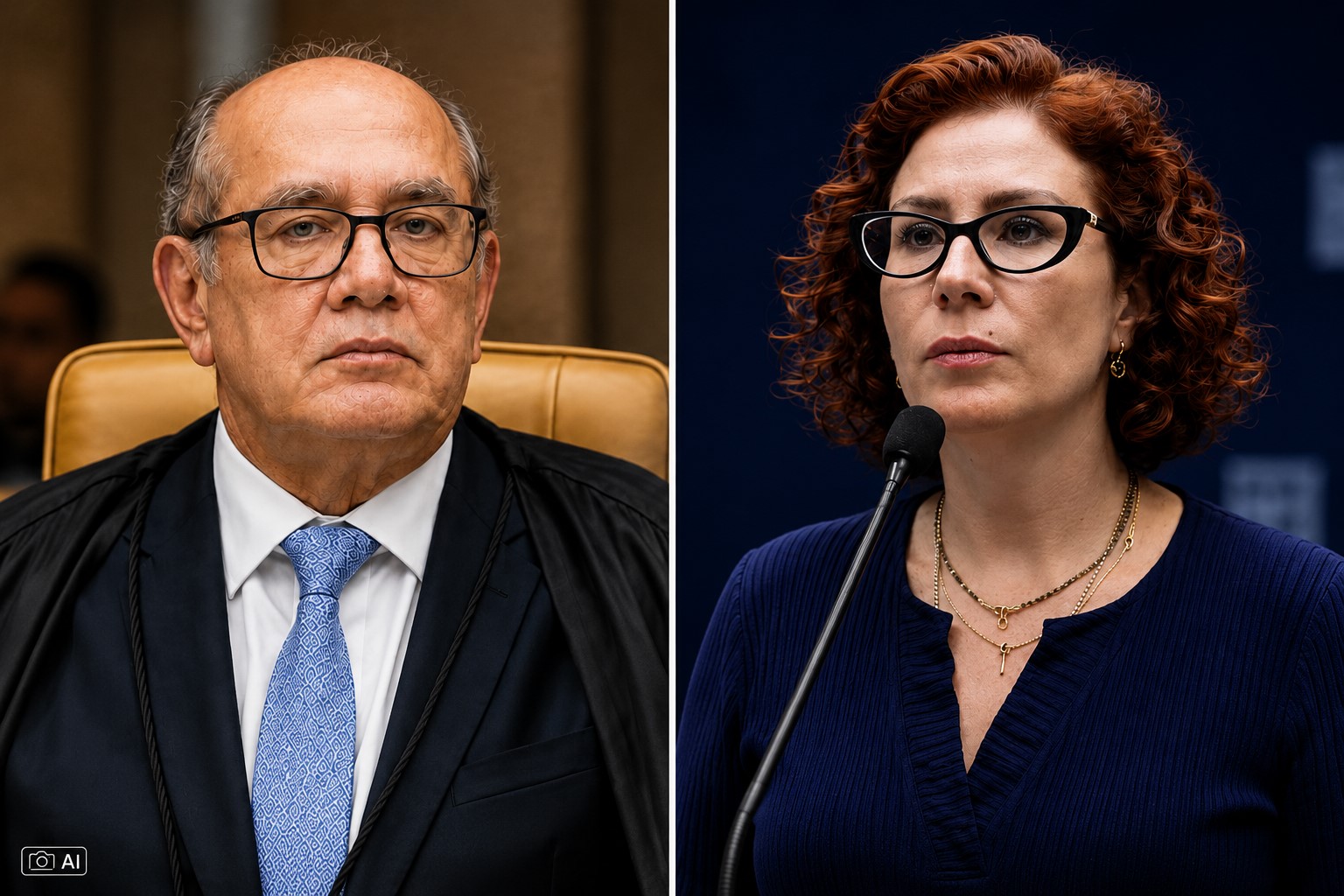 Montagem fotográfica ultra-realista gerada por IA mostra Gilmar Mendes à esquerda e Carla Zambelli à direita, separados por uma linha branca, em composição visual usada para contextualizar notícia sobre pedido de extradição.