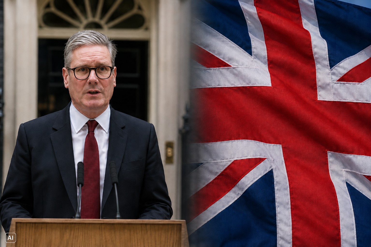 Montagem fotográfica ultrarrealista mostra Keir Starmer, premiê ou ex-premiê do Reino Unido, à esquerda, e a bandeira britânica à direita.