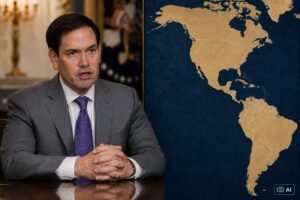 Ilustração fotográfica editorial gerada por IA mostra Marco Rubio à esquerda, em ambiente oficial, e um mapa estilizado das Américas à direita.