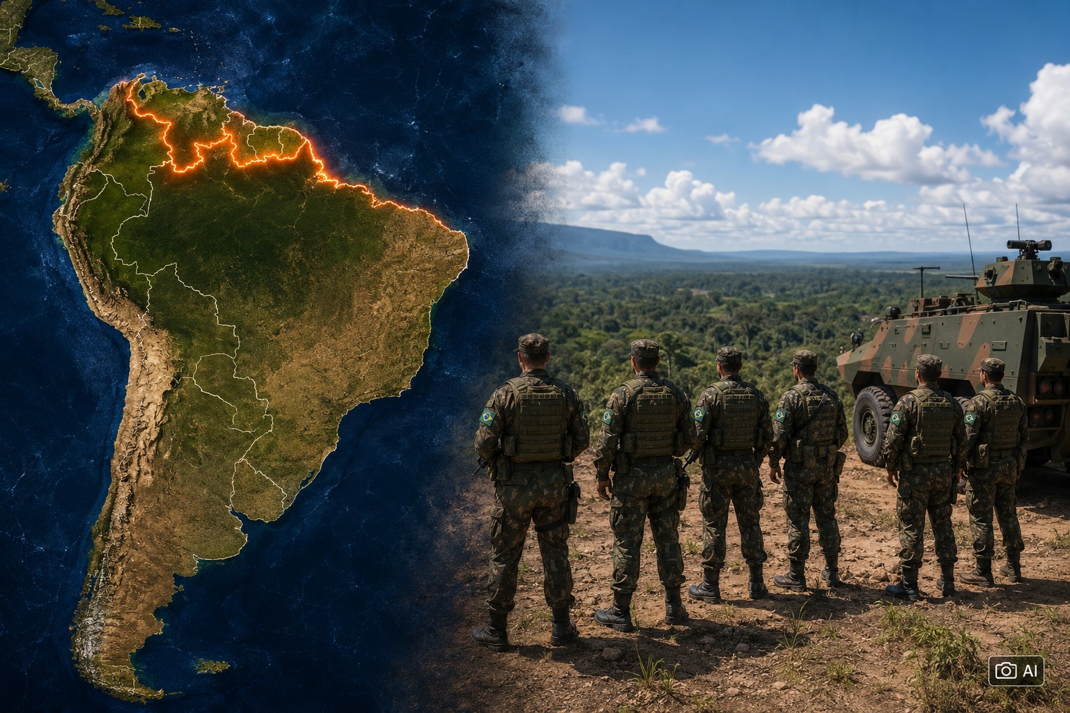 Montagem editorial gerada por IA mostra, à esquerda, um mapa estilizado da América do Sul com destaque luminoso na faixa de fronteira amazônica do Brasil e, à direita, militares do Exército ao lado de blindado em área remota de fronteira.
