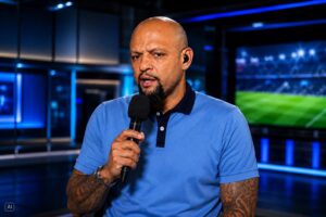 Ilustração fotográfica ultrarrealista gerada por IA representa Felipe Melo, ex-jogador e atual comentarista, em momento de trabalho em estúdio esportivo.