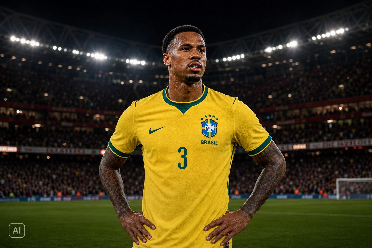 Ilustração fotográfica ultrarrealista e editorial, gerada por IA, representa Gabriel Magalhães em um estádio de futebol.