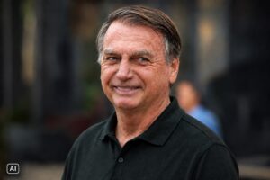 Ilustração fotográfica ultrarrealista e editorial, gerada por IA, representa Jair Bolsonaro em retrato com fundo genérico desfocado.