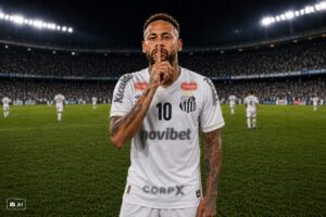 Ilustração fotográfica ultrarrealista gerada por IA representa Neymar, jogador do Santos, fazendo gesto de silêncio no gramado após uma partida de futebol.