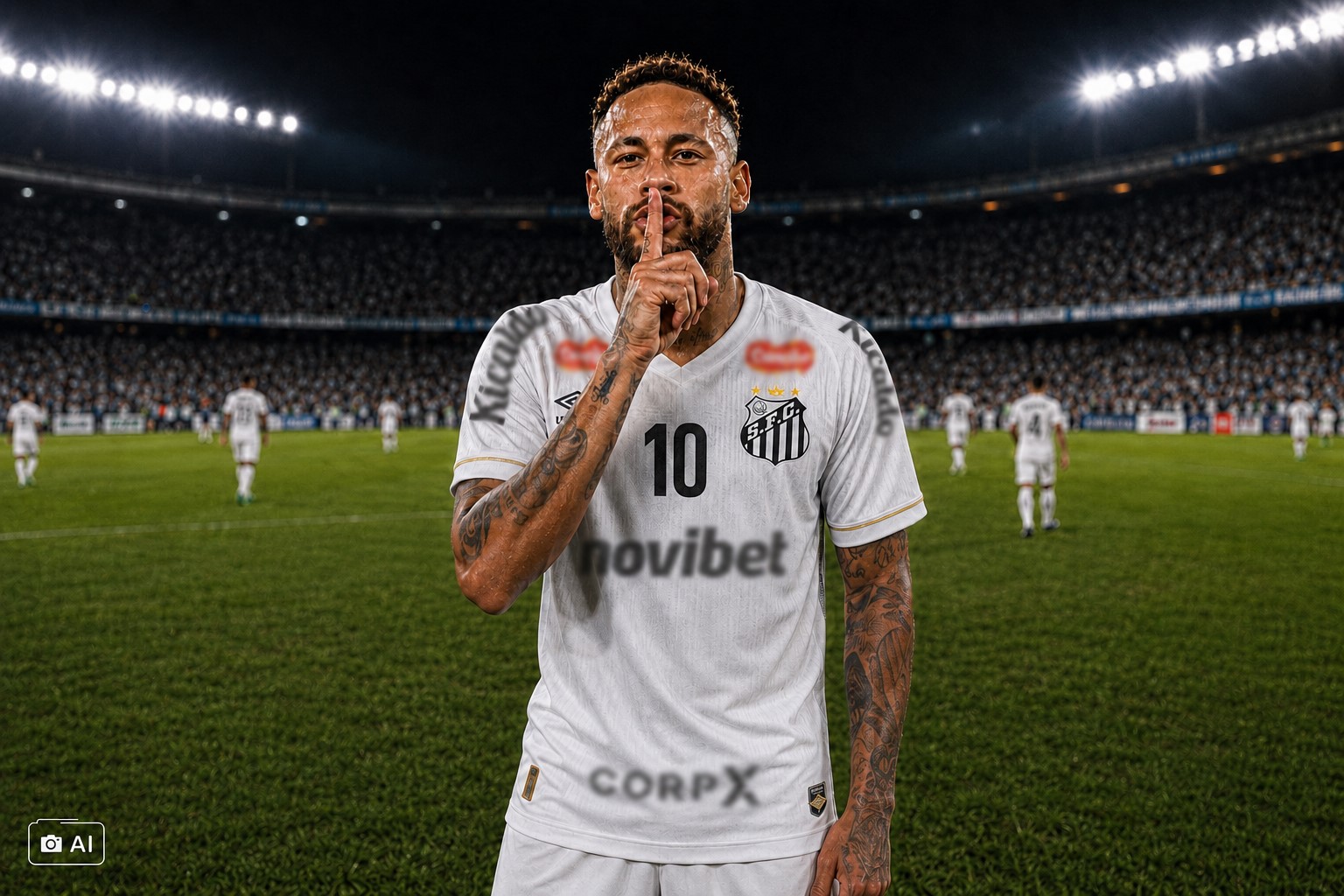 Ilustração fotográfica ultrarrealista gerada por IA representa Neymar, jogador do Santos, fazendo gesto de silêncio no gramado após uma partida de futebol.