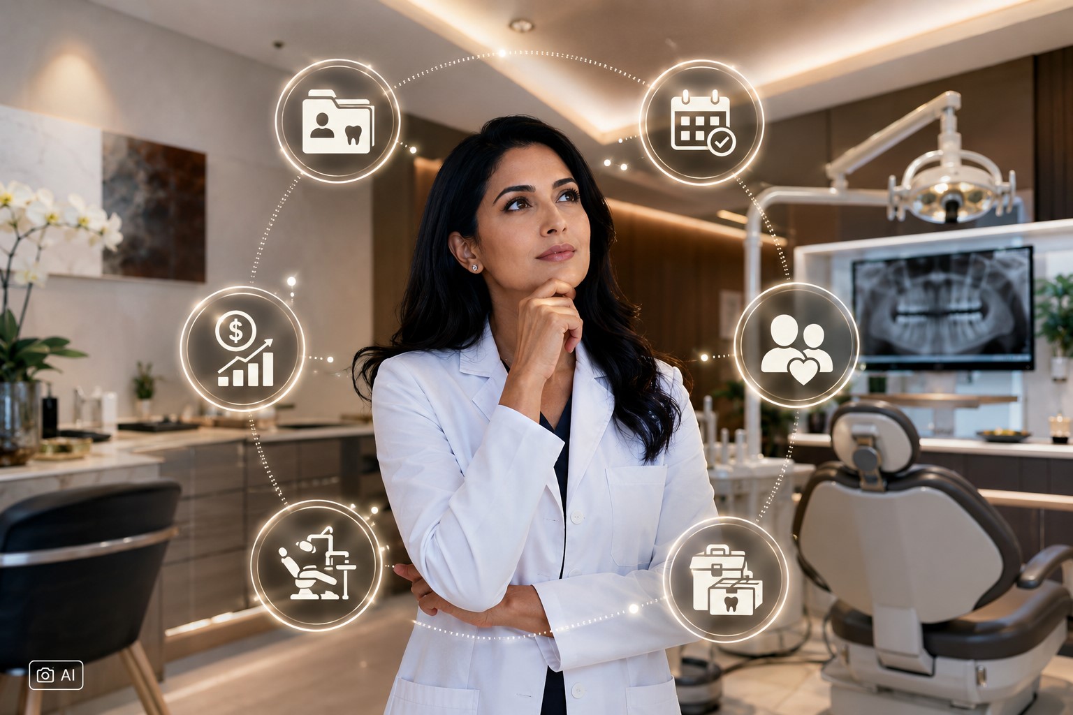 Cirurgiã-dentista em clínica moderna observa ícones relacionados à gestão de pacientes, agenda, finanças, equipamentos e insumos.