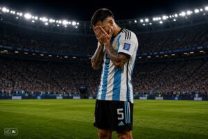 Jogador da Argentina com as mãos no rosto em um estádio.