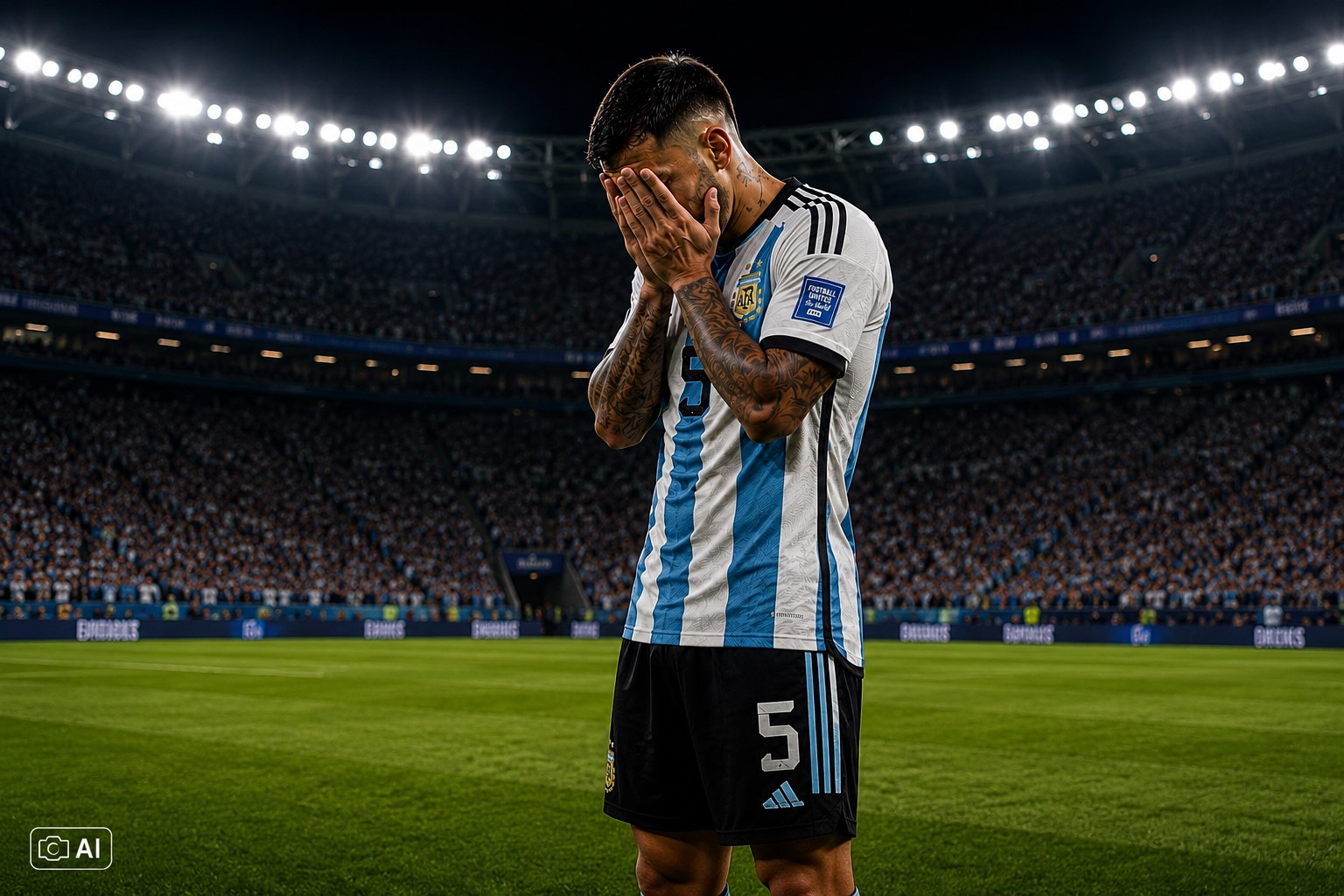 Jogador da Argentina com as mãos no rosto em um estádio.