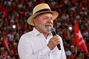 Ilustração gerada por IA representa Lula com camisa branca, chapéu e microfone diante de apoiadores em ambiente de comício.