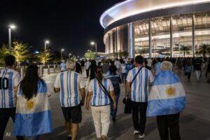 Ilustração gerada por IA mostra torcedores argentinos caminhando em direção a um estádio de futebol nos Estados Unidos