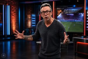 Craque Neto gesticula em estúdio esportivo em ilustração editorial gerada por IA