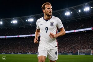 Harry Kane com a camisa 9 da seleção inglesa em um estádio de futebol d.urante uma partida noturna