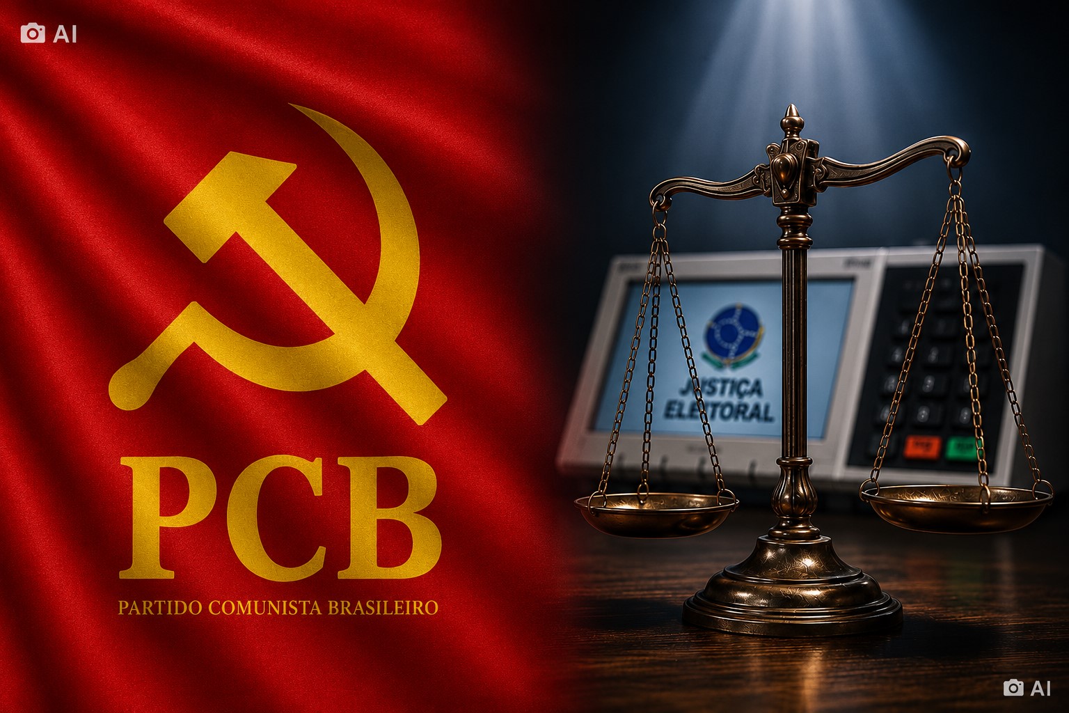 Emblema do PCB ao lado de balança da Justiça e urna eletrônica.
