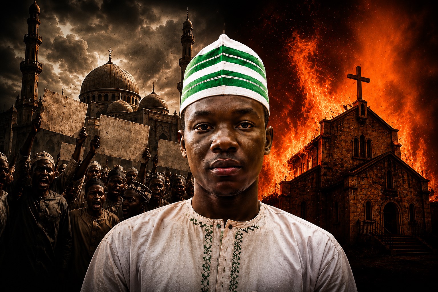 Montagem editorial gerada por IA mostra um jovem nigeriano ao centro, com uma mesquita, manifestantes e uma igreja em chamas ao fundo, em alusão à intolerância religiosa na Nigéria.