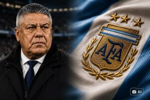 Dirigente da AFA ao lado do emblema da associação bordado em camisa, em montagem editorial gerada por IA.