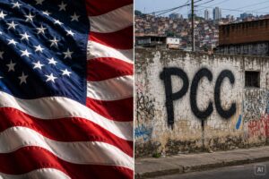 Montagem editorial gerada por IA mostra, à esquerda, a bandeira dos Estados Unidos e, à direita, um muro urbano com pichação alusiva ao PCC.