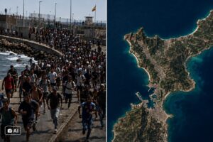Montagem ilustrativa mostra, à esquerda, migrantes vindos do Marrocos em direção a Ceuta e, à direita, uma representação aérea da região.